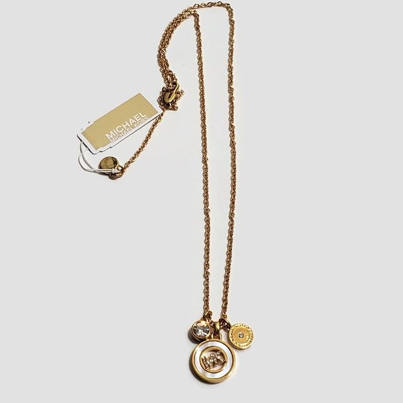 Michael Kors Mother-of-Pearl Rhinestone Logo MK Necklace New - Picture 3 of 5